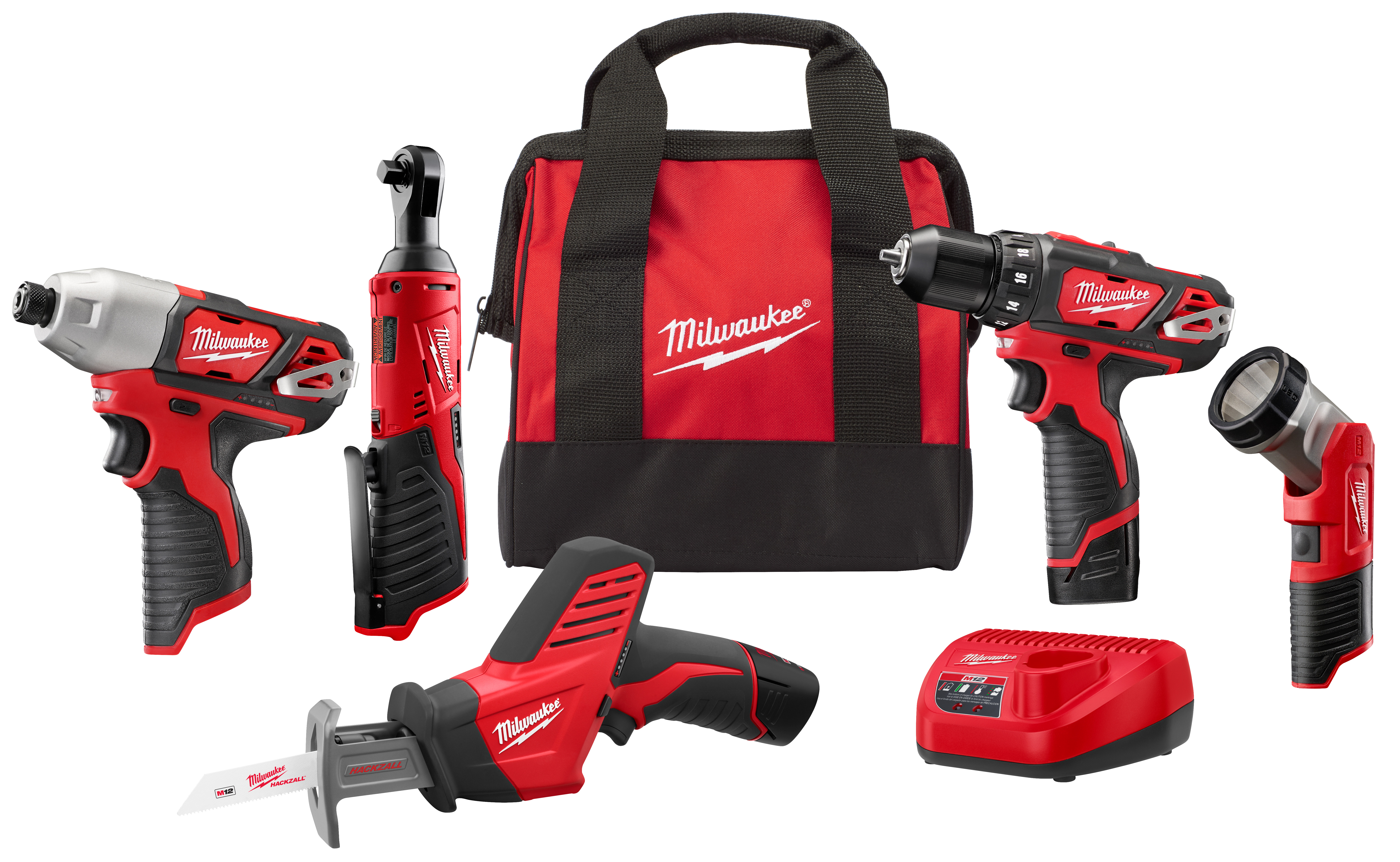 m12 5PC combo kit 2498-25
INCLUDES
(1)M12 3/8 
Drill/Driver(2407-20)
(1)M12 HACKZALL Recip 
Saw(2420-20)
(1)M12  Hex Impact 
Driver(2462-20)
(2)M12 REDLITHIUM CP1.5 
Battery Pack(48-11-2401)
(1)M12 Lithium-ion Battery 
Charger (48-59-2401)
(1)M12 Work Light(49-24-0146)
(1)Contractor Bag
(2)Belt Clip