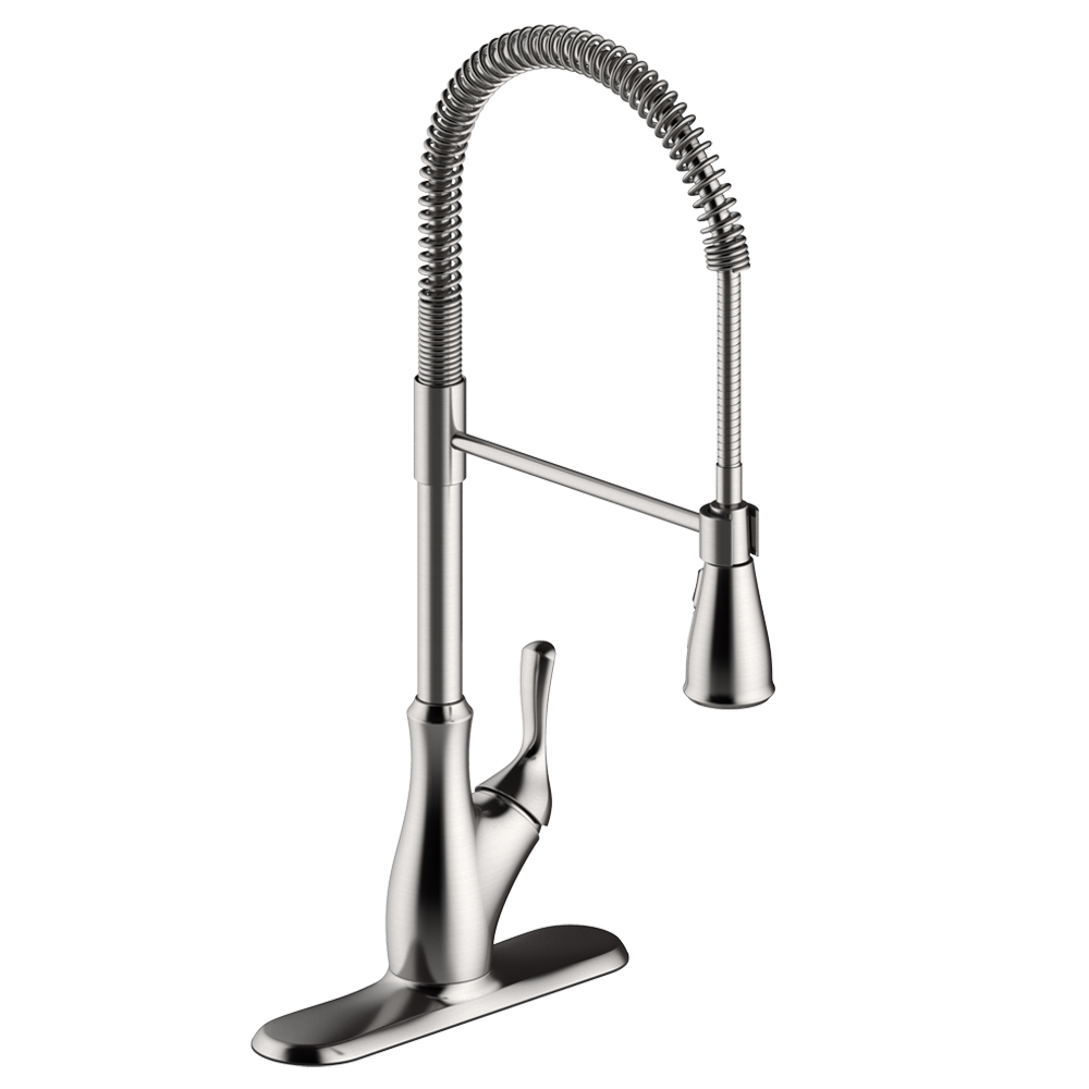 SINGLE HANDLE SS INDUSTRIAL
SPRING NECK FAUCET, CERAMIC
CARTRIDGE, INTEGRATED SUPPLY
LINES, 1 OR 3 HOLE, DECK PLATE
INCLUDED, ANGELIC PLUMBFORCE
CATEGORY