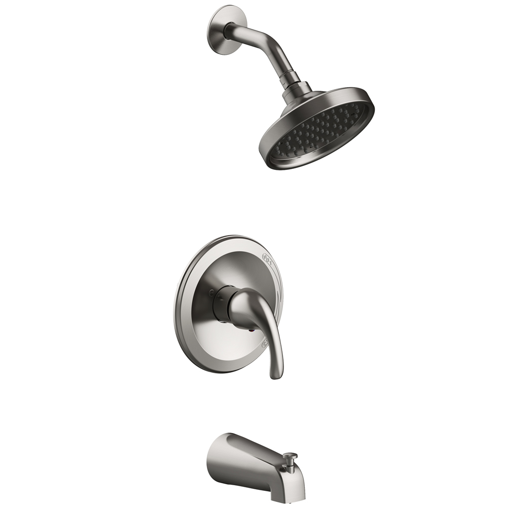 SINGLE HANDLE TUB &amp; SHOWER
TRIM ONLY, 6&quot; SHOWERHEAD,
METAL SLIP ON TUB SPOUT, JOB
PACK, 1.8 GPM, BRUSHED NICKEL,
LEVERAGE PLUMBFORCE CATEGORY